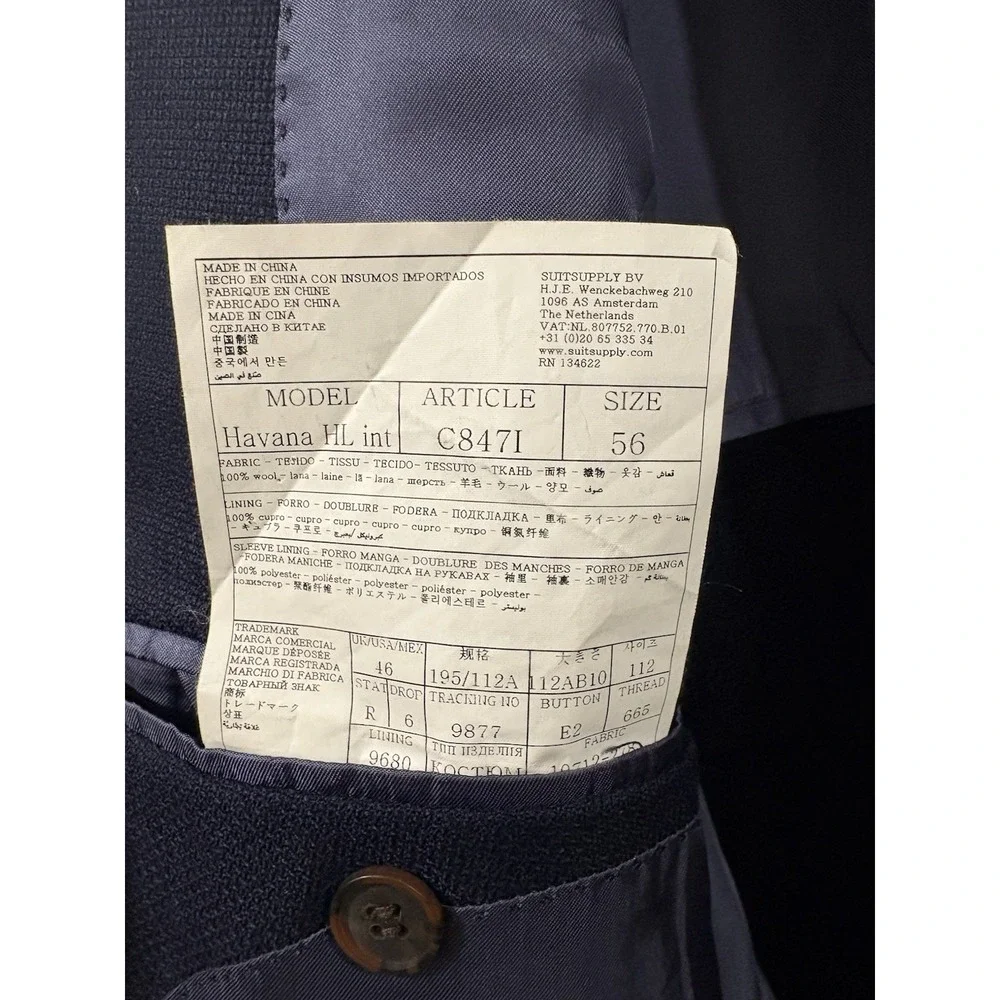 SUITSUPPLY Havana Navy Wool Blazer 56 / US 46 Vitale Barberis Canonico Italy